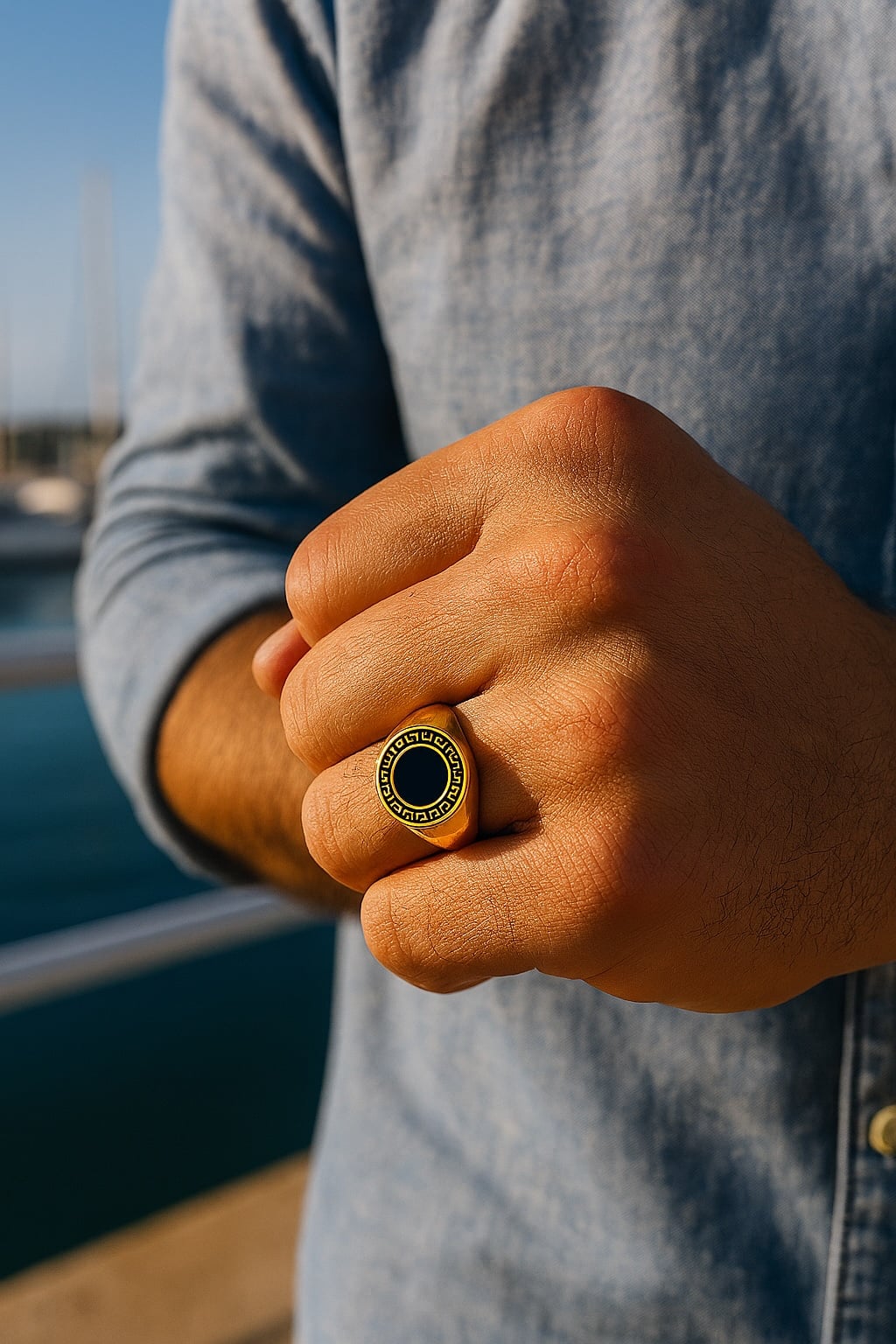 Men’s stainless steel signet ring with gold plating, black resin, Greek motif